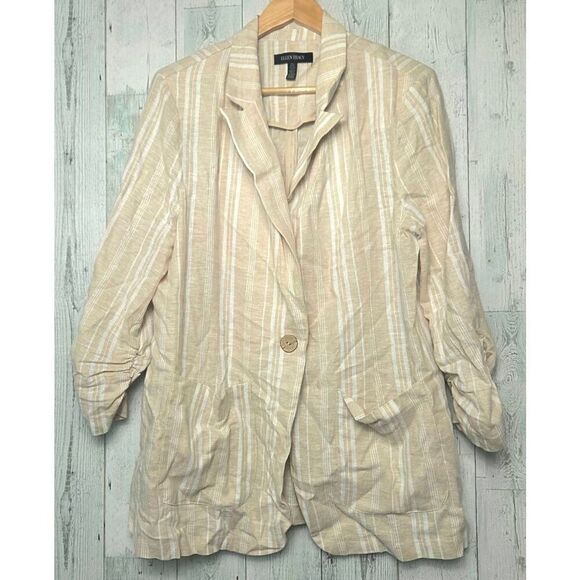 Ellen Tracy Striped Lagenlook Linen Viscose One Button Blazer Sz L - Picture 2 of 8